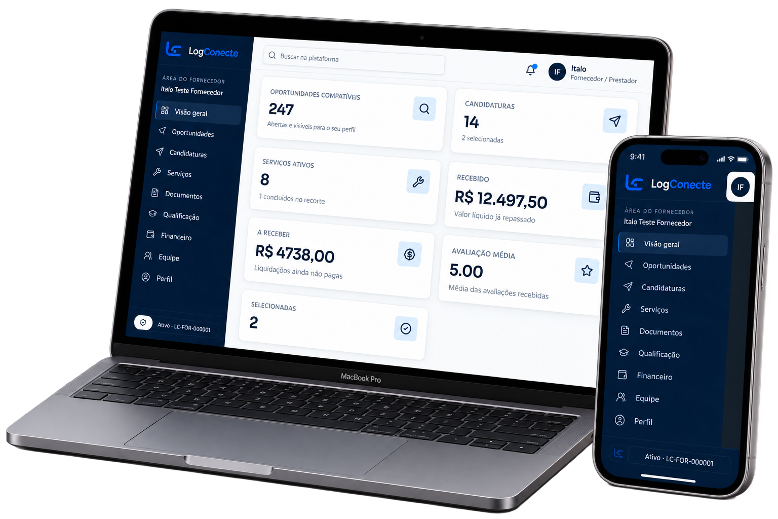 Plataforma LogConecte exibida em notebook e celular